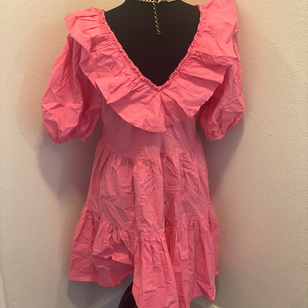 Miss Selfridge Asos Dress Pink Fit Flare Ruffled Puff Sleeve BARBIECORE 8 NEW - Picture 3 of 5